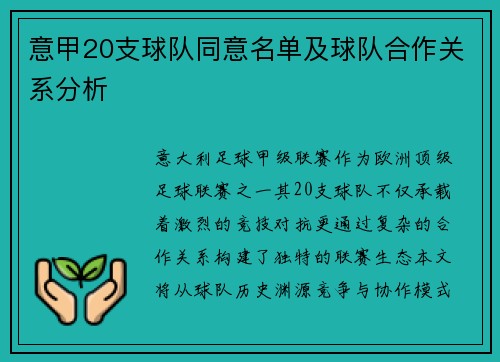 意甲20支球队同意名单及球队合作关系分析
